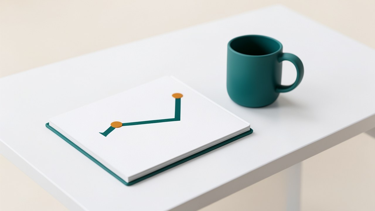 A 3D rendered scene of a clean white desk with a single, prominent notebook showing a flat line chart that trends upward across several pages. The chart is drawn in teal with a