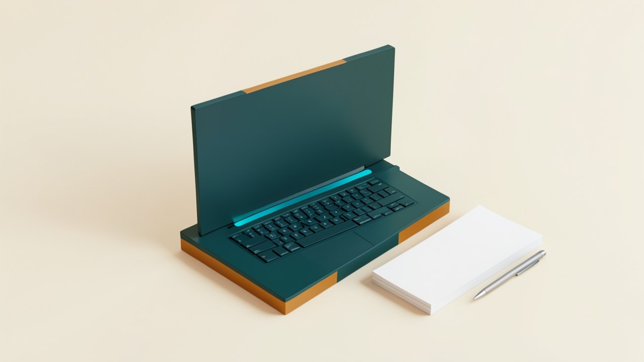 A 3D rendered scene of an open laptop with a glowing progress bar on its screen. Next to the laptop, a neatly stacked pile of documents with a pen. The progress bar is in a