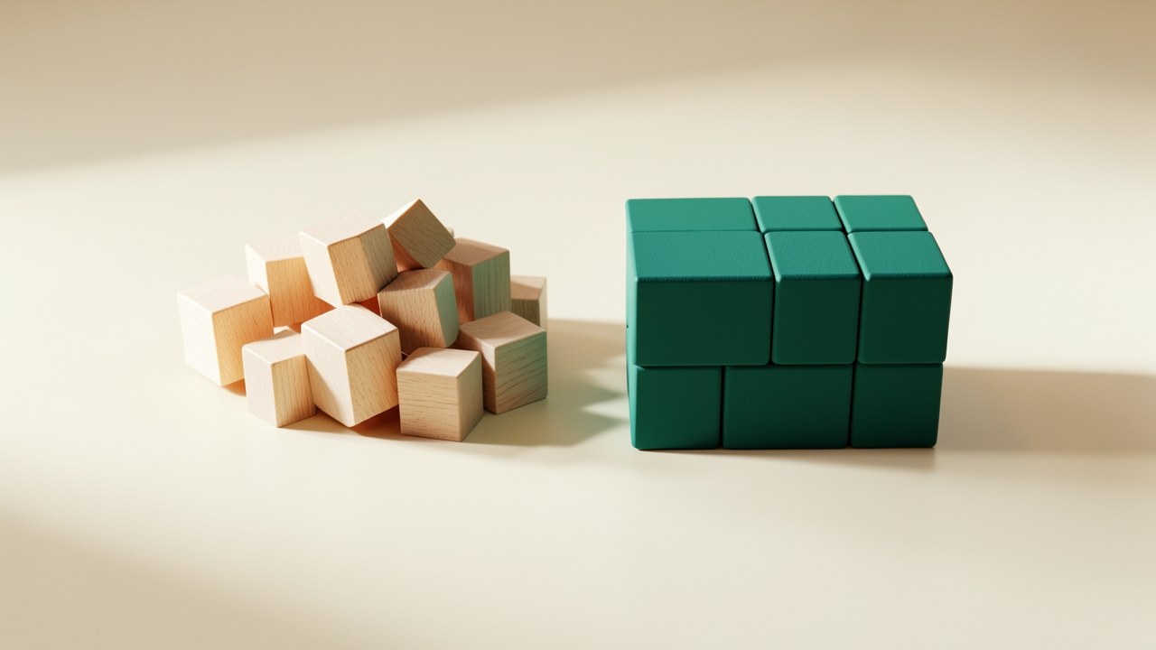 A 3D rendered scene of two distinct structures built from wooden blocks. On the left, several separate, smaller blocks are grouped together. On the right, the same blocks are