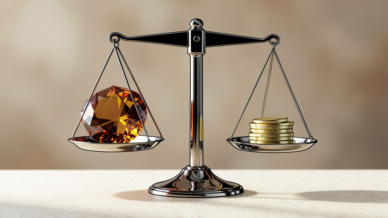 A 3D rendered scene of a clear glass scale. The left balance pan holds a symbolic, faceted gemstone in a warm amber color. The right pan holds a stack of pale gold coins. Both are