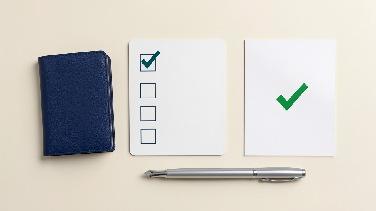 A 3D top-down render of a neatly arranged desk scene. A white checklist card is central, flanked by a passport, a document with a clear checkmark, and a fountain pen. The card has
