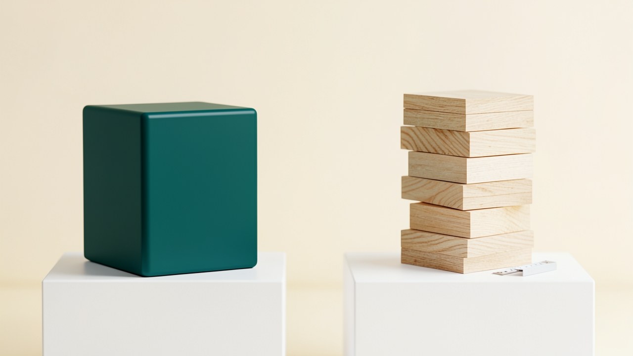 A 3D rendered scene comparing a solid cube and a stack of thin layers of varying heights. The left object is a single, solid teal cube on a pedestal. The right object is a stack