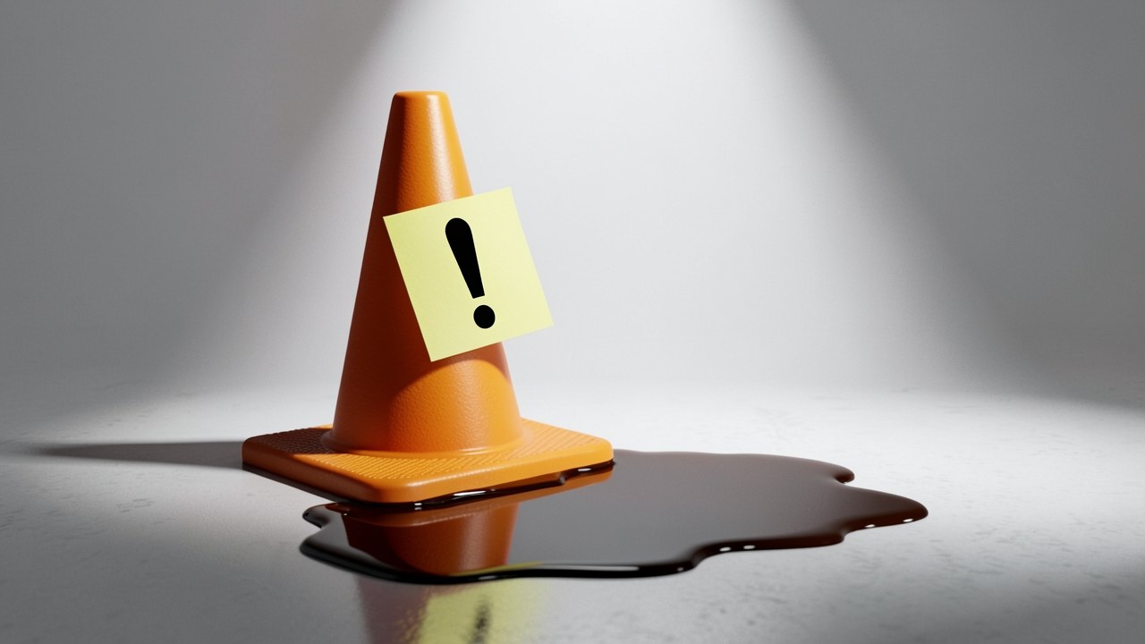 A 3D rendered scene of an orange traffic cone placed in a puddle of spilled coffee on a smooth floor. The cone has a single sticky note attached with a large exclamation mark. The