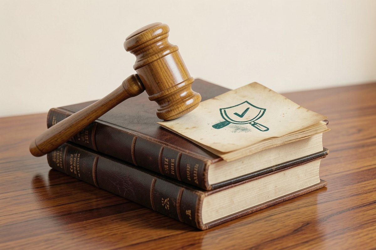 A 3D rendered scene of a wooden gavel resting on a stack of large, leather-bound books. An open page shows a drawn shield and a magnifying glass, symbolizing verification. The