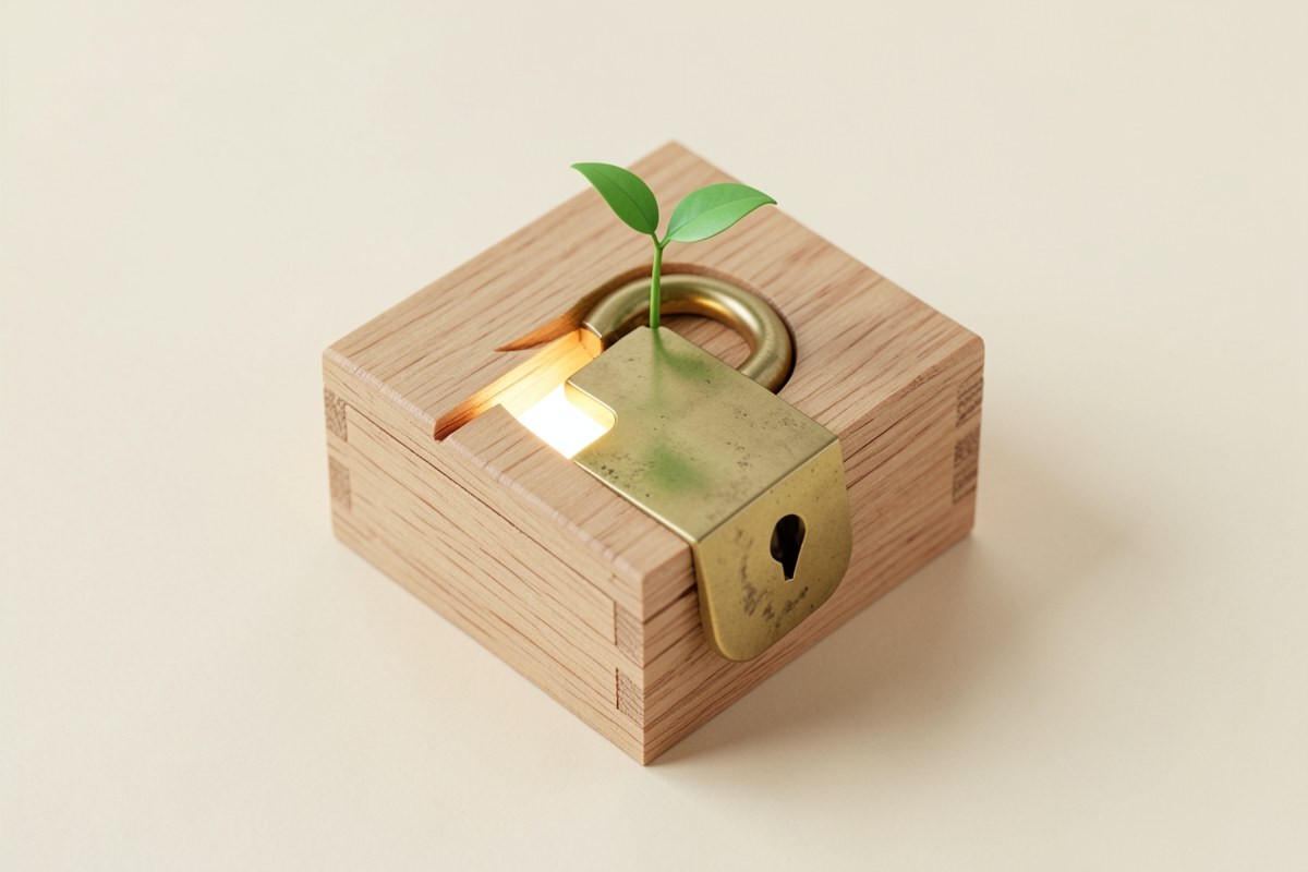 A 3D rendered scene of a simple, wooden box with a padlock and a tiny sprouting plant growing out of it. The box is slightly open, emitting a soft, secure glow. The background is