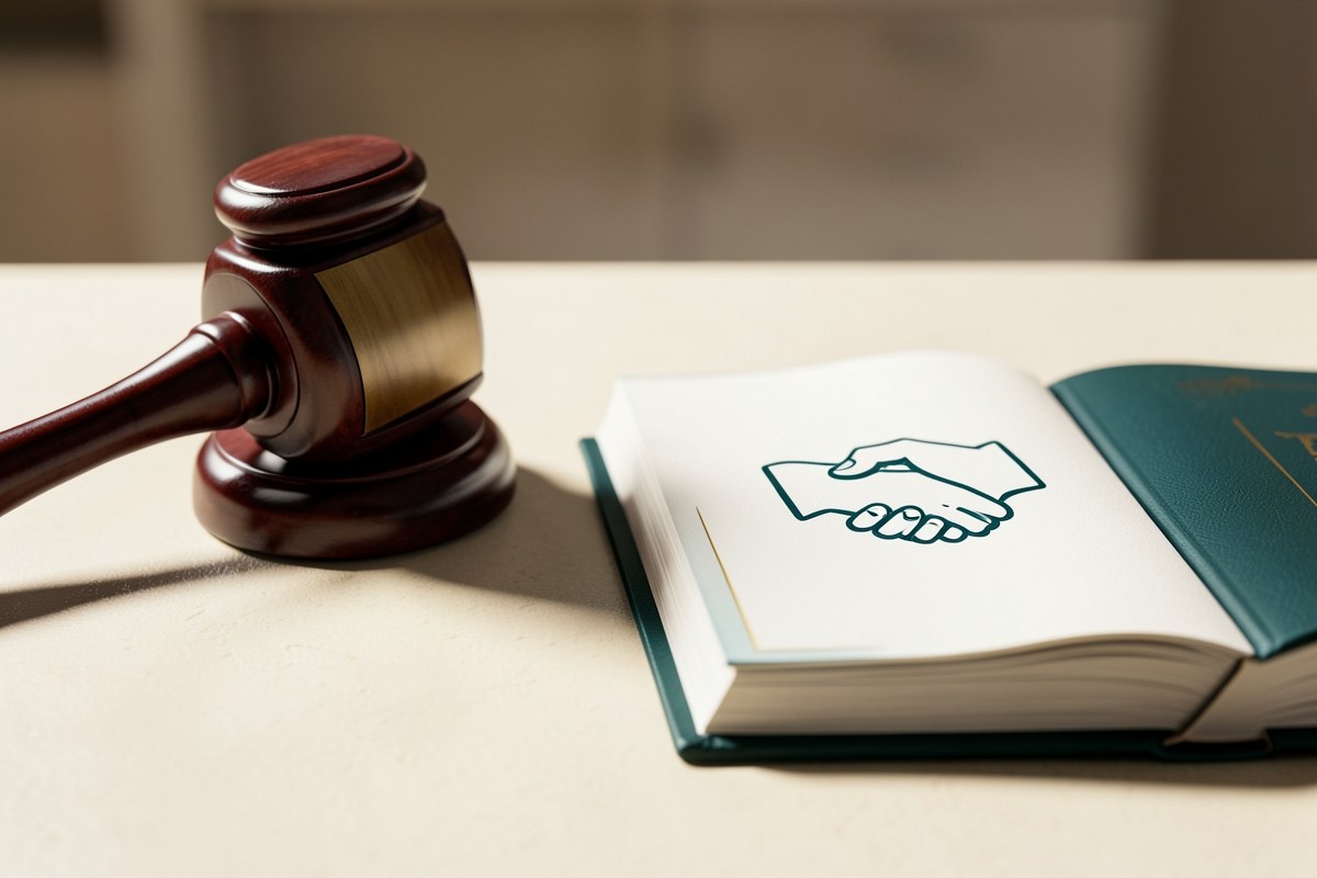 A 3D rendered scene of a gavel on a desk, with an open book beside it. The book page is blank, but a simple line drawing of a handshake is visible in dark teal. The background is