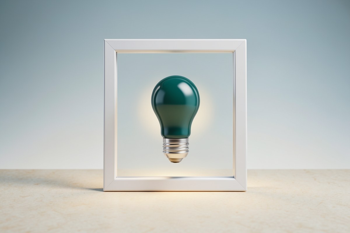 A 3D rendered scene of a bright, glowing lightbulb centered inside an open, empty frame. The bulb is in a deep teal glass, casting a subtle glow onto the warm off-white surface
