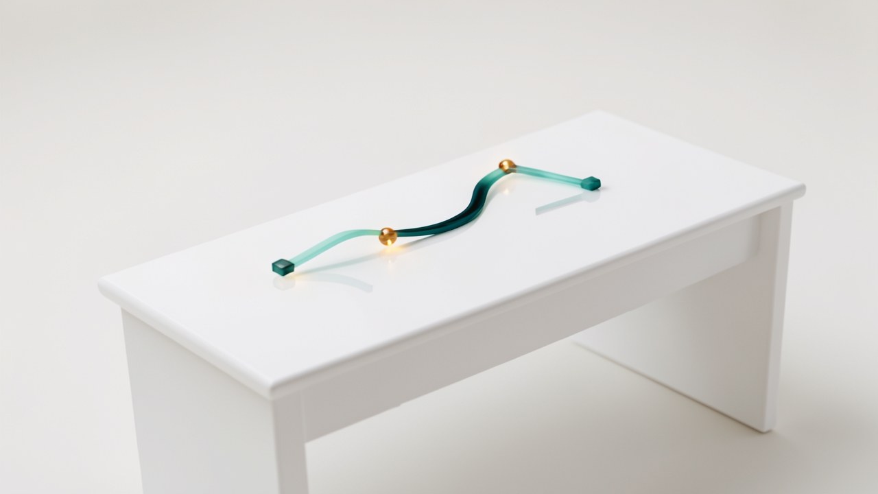 A 3D rendered line graph on a elegant white desk, with a stylized arrow pointing down then smoothly curving back up. The line is teal with amber points, and the desk is clean and