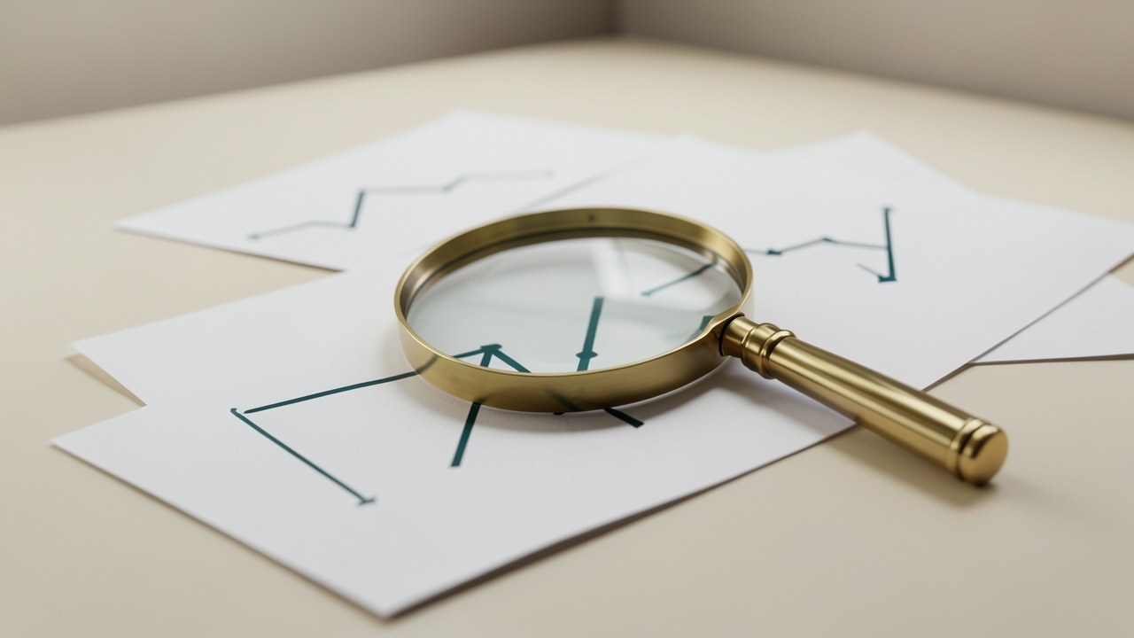 A 3D rendered scene of several identical white sheets of paper lying on a desk, each displaying a clearly different, simple line graph in dark teal. One sheet is raised and