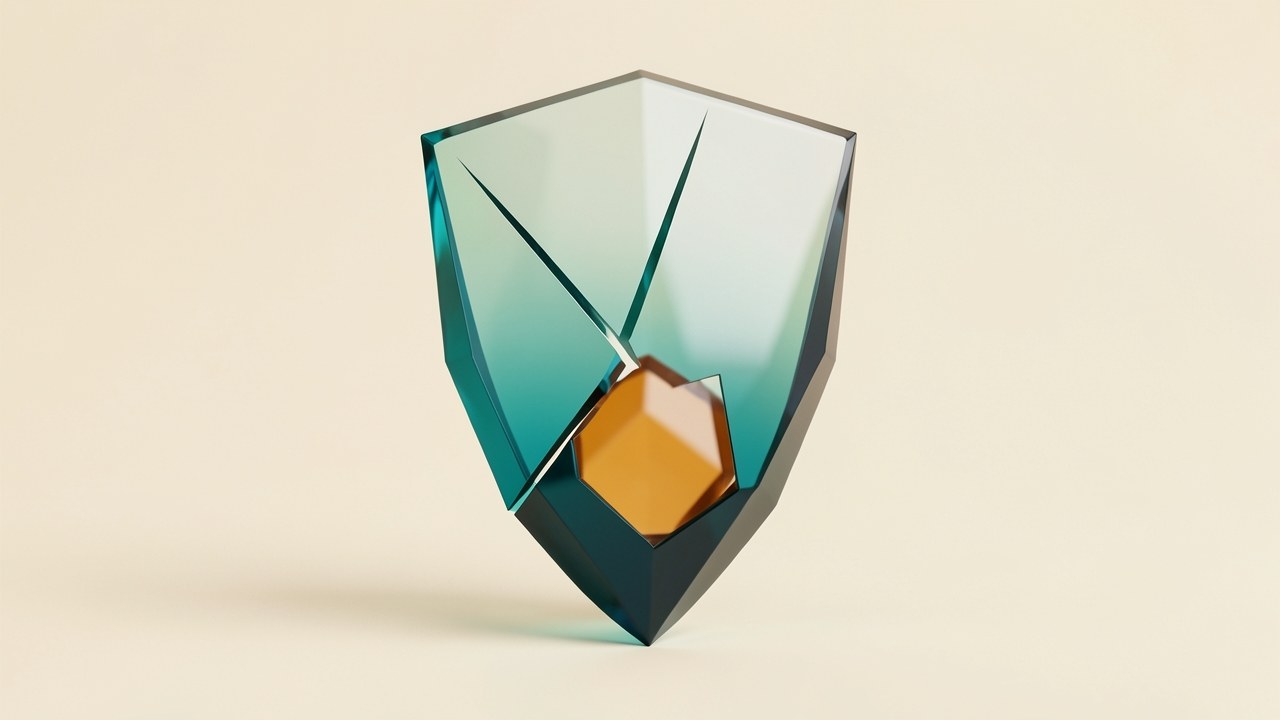 A 3D scene of a large, cutamaran glass shield with a gradient from deep teal at the bottom to transparent. The shield is missing a large central piece, and behind it, a blurred
